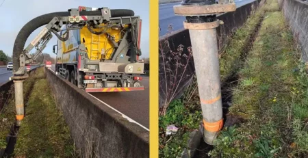 Nettoyage de caniveaux par aspiration sur autoroute A6 par Aspirtec