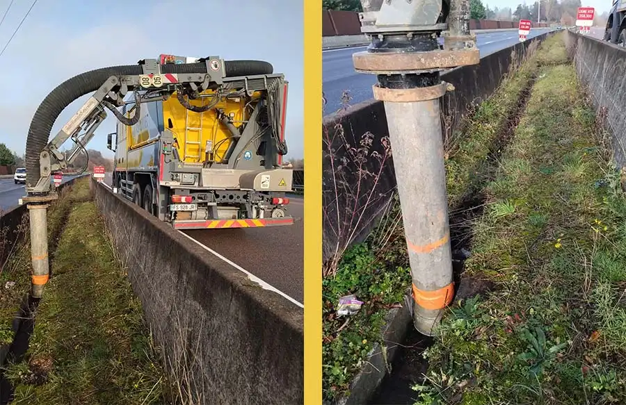 Nettoyage de caniveaux par aspiration sur autoroute A6 par Aspirtec